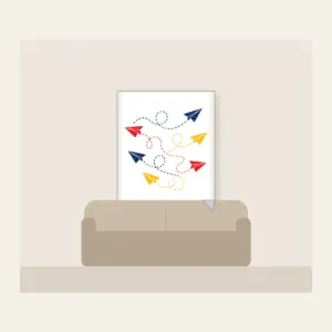 Paper Planes and Dotted Flight Paths Fleece Blanket in white: Paper planes trace dotted flight paths across cream in navy, red and yellow.