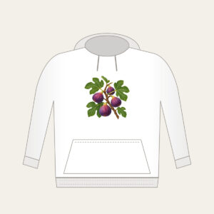 Fig Branch with Plump Purple Figs Hoodie in white: A fig branch carrying plump purple figs and broad green leaves on a cream ground.