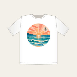 Coastal Sunrise Bands with a Compass Rose T-Shirt in white: Bands of peach, coral and teal show a coastal sunrise, with tiny waves and a small compass rose.