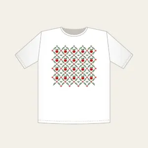Orchard Diamond Lattice T-Shirt in white: A diamond lattice with small apple and leaf motifs in red, cream and green.