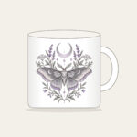 Moth and Crescent Moon with Herb Sprigs Mug in white: A moth beneath a crescent moon with delicate herb sprigs in silver grey and pale lilac.