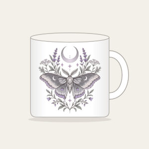 Moth and Crescent Moon with Herb Sprigs Mug in white: A moth beneath a crescent moon with delicate herb sprigs in silver grey and pale lilac.