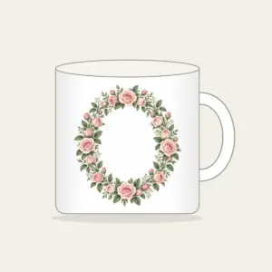 Oval Rose Wreath in Blush and Sage Mug in white: An oval wreath of roses and leaves in blush and sage that leaves a quiet open space in the middle.