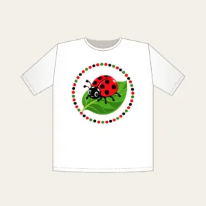Ladybug on a Leaf T-Shirt in white: A cheerful ladybug rests on a green leaf inside a polka-dot border in red, black and green.
