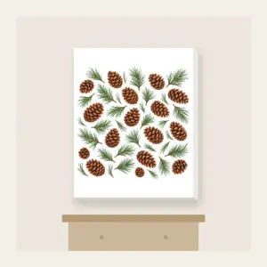 Scattered Pine Cones and Needles Canvas Print in white: Pine cones and needles scatter in brown and green.