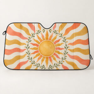 Radiant Sun Car Sunshade with a large radiant sun with alternating gold and coral rays and a ring of small leaves