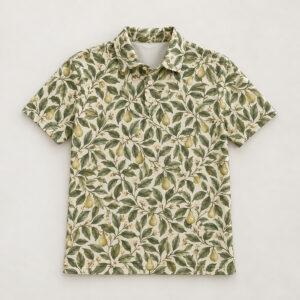 Mosaic Orchard Men's All-Over Polo with all-over mosaic of leaves and tiny pears in sage, olive and cream