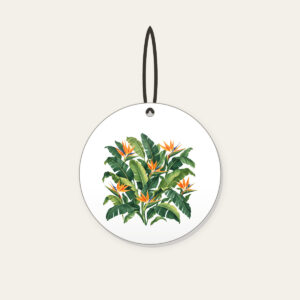Banana Leaves and Birds-of-Paradise Ceramic Ornament in white: Banana leaves and birds-of-paradise flowers in green and orange on cream.