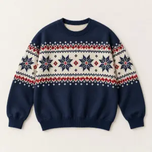 Snowflake Fair Isle Sweater with a Fair Isle-style band of snowflakes and small diamonds in navy, cream and red across the chest
