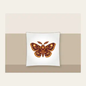 Glowing Amber Moth Pillow in white: A large moth with intricately patterned wings, each marked with a glowing circle in amber and plum.