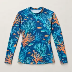 Teal Branch Coral Long Sleeve Rash Guard with all-over branching coral and small fish in teal and orange on deep blue