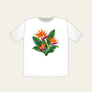 Bird of Paradise and Banana Leaves T-Shirt in white: Orange and magenta bird of paradise flowers with banana leaves stand on cream.