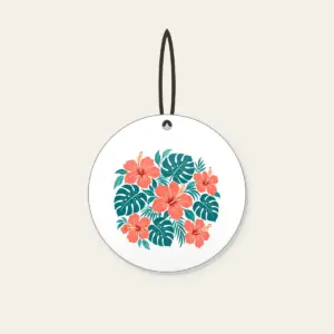 Coral Hibiscus and Monstera Leaves Ceramic Ornament in white: Coral hibiscus flowers and teal monstera leaves repeat across a cream ground.