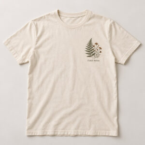 Field Notes Botanical Tee with small chest print of a pressed fern and wildflower specimen sketch in dark green and rust with the exact text "Field Notes"