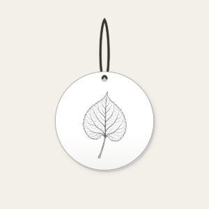 Single Leaf Study in Black Line Art Ceramic Ornament in white: A single leaf and stem in fine black line art, edged with a thin border.