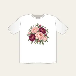 Blush and Plum Peony Clusters T-Shirt in white: Full peony clusters in blush, plum and sage drift across the artwork in an all-over pattern.