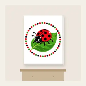 Ladybug on a Leaf Canvas Print in white: A cheerful ladybug rests on a green leaf inside a polka-dot border in red, black and green.