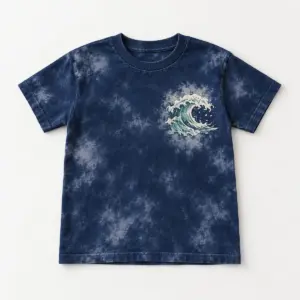 Seafoam Wave Bleached Youth Tee with compact chest print of a rolling wave crest in seafoam green and cream, with a soft bleached-look wash behind it