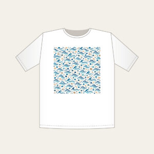 Tiny Waves and Pebbles Repeat T-Shirt in white: A small-scale repeat of waves and pebbles in navy, teal and sand.
