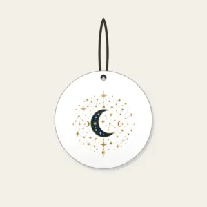 Gilded Constellations and Crescent Moons Ceramic Ornament in white: Cream and gold constellations and crescent moons drift across a deep navy sky.