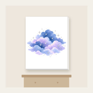 Dusk Clouds with Tiny Silver Stars Canvas Print in white: Gentle clouds in dusk blue and lilac are dotted with tiny silver stars.