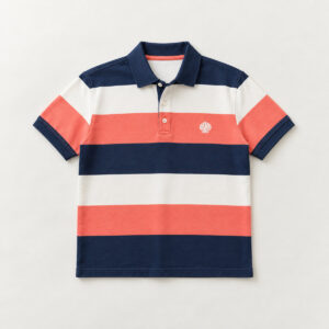 Seaside Stripe Polo with wide stripes in navy, white and coral with a small shell at the chest