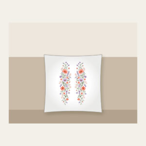 Drifting Wildflowers in Coral and Lilac Pillow in white: Wildflowers in coral, lilac and sage drift in long lines across the artwork.