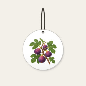 Fig Branch with Plump Purple Figs Ceramic Ornament in white: A fig branch carrying plump purple figs and broad green leaves on a cream ground.