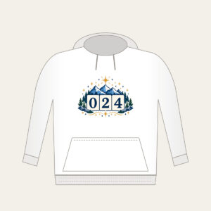 Mountain and Star Border with 024 Hoodie in white: A border of mountains and stars surrounds a three-digit counter reading 024.