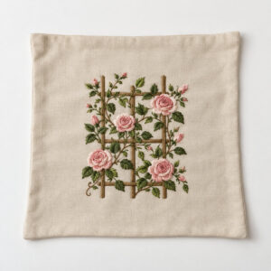 Garden Trellis Embroidered Pillow Case with a compact central trellis with climbing blush roses and green leaves embroidered on a beige pillowcase