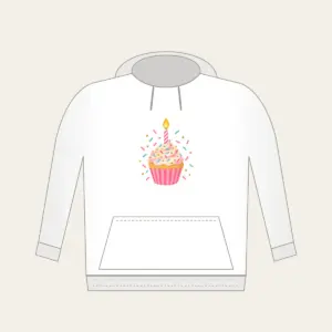 Candlelit Cupcake with Sprinkles Hoodie in white: A cupcake with a lit candle and scattered sprinkles in pink, mint and gold.