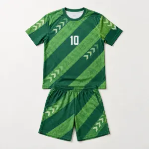 Pitch Lines Soccer Set with all-over diagonal grass-stripe bands in two greens with light chevrons and the number "10" on the jersey chest