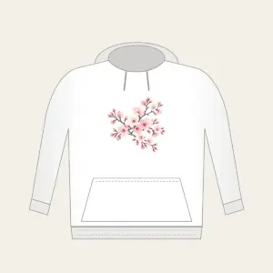 Cherry Blossom Branches on Grey Hoodie in white: Cherry blossom branches in pale rose and white bloom on a muted grey background.
