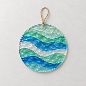 Sea Glass Wave Suncatcher with rows of wave shapes in sea-glass green, blue and frosted white