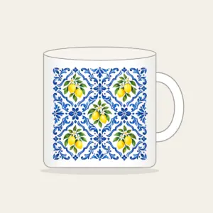 Cobalt Mediterranean Tiles with Lemons Mug in white: An all-over repeat of Mediterranean-style tiles in cobalt and white with small lemon accents.