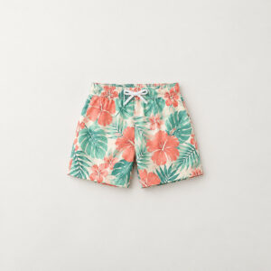 Youth Hibiscus All-Over Hawaiian Shorts with all-over hibiscus and leaves in coral, mint and cream