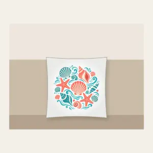 Shells, Starfish and Ripples Pillow in white: Seashells, starfish and gentle ripples drift across the pattern in coral, teal and cream.