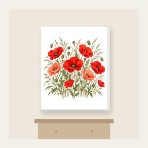 Poppies and Tall Grasses on Cream Canvas Print in white: Red and coral poppies stand among tall olive grasses on a cream ground.