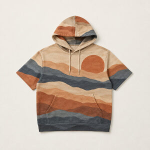 Sunny Ridge Short-Sleeve Hoodie with all-over layered ridges and a sun in terracotta, sand and slate