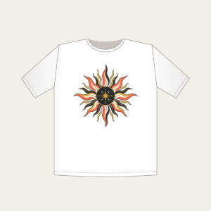 Sunburst Lines on Charcoal with a Small Star T-Shirt in white: Sun lines in coral, gold and white radiate across a charcoal ground, with one small star set off to one side.