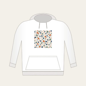 Chip Terrazzo in Terracotta and Navy Hoodie in white: An all-over terrazzo of chips in terracotta, sage, navy and cream on a warm white field.
