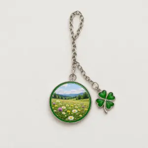 Meadow picture photo charm with a chain and four-leaf clover dangle