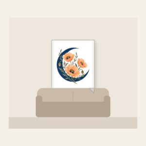 Crescent Moon and Apricot Poppies Fleece Blanket in white: A deep blue crescent moon cradles three delicate apricot poppies on fine olive stems.
