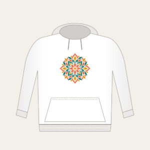 Petal Mosaic Kaleidoscope Hoodie in white: Symmetrical petal mosaics in coral, teal, mustard and cream.