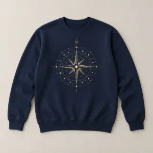 Navy Compass Rose Crew Sweatshirt with compact front chest panel print of a compass rose made of tiny stars and thin lines in ivory and gold, the letter N at the top, no other text