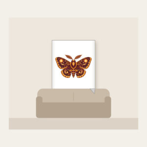 Glowing Amber Moth Fleece Blanket in white: A large moth with intricately patterned wings, each marked with a glowing circle in amber and plum.