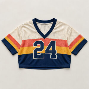 Mesh V-Neck Crop Jersey with Sun Stripes with sunrise stripes across the chest in coral, gold and navy with number "24"