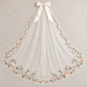 Satin bow veil with a blush blossom and vine border and a tiny script line