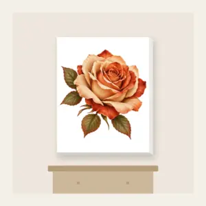Single Desert Rose Canvas Print in white: One large rose in sand and rust tones with a few leaves.