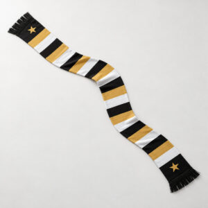 Matchday Stripe Soccer Scarf with bold horizontal stripes in black, white and gold with small stars at each end